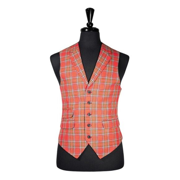 Mens Waistcoat Suit Vest 40R Pink Green Blue Plaid Wool Formal Wedding Party - Picture 1 of 9